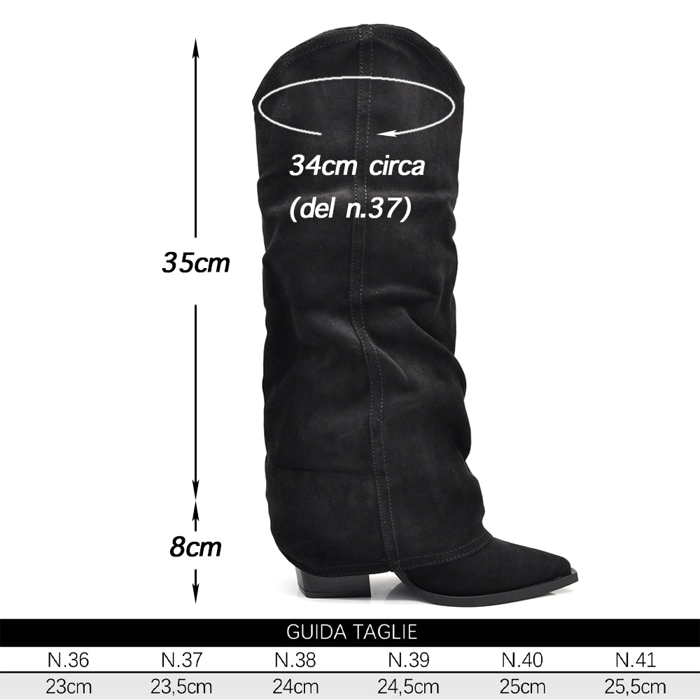 Stivali Donna con Ghetta Alta Slouchy Punta Affusolata e Tacco 8cm – Stile Texano Western 9832