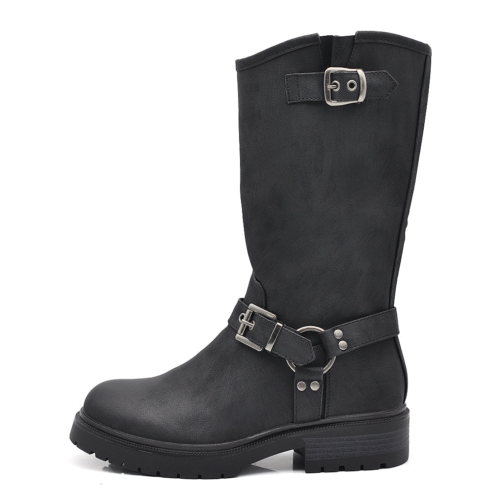 Stivali Biker Motociclista da Donna con Fibbie e Cinghie IF-62-1 nero