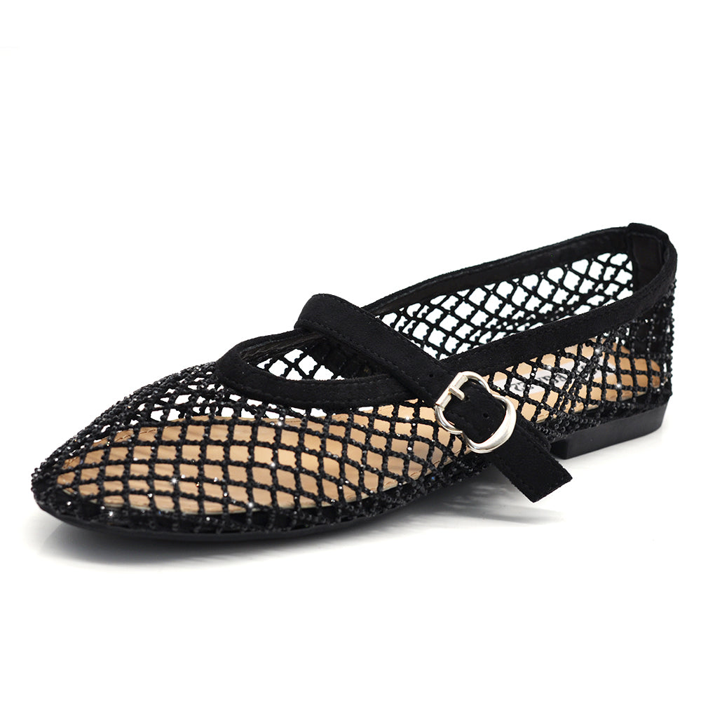 Ballerine Donna Mary Jane a Rete con Strass, Scarpe Basse Traforate con Cinturino e Fibbia, Ballerine Gioiello Eleganti