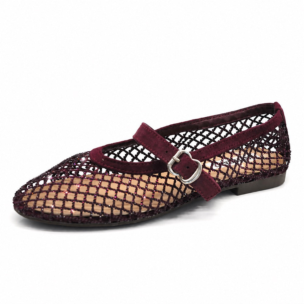 Ballerine Donna Mary Jane a Rete con Strass, Scarpe Basse Traforate con Cinturino e Fibbia, Ballerine Gioiello Eleganti