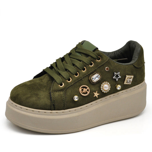 Sneakers Casual Moda da Donna con Platform Zeppa Borchie e Strass Sportive Comode Scamosciate AD-106