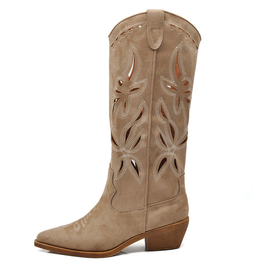 Stivali Alti Primaverili Texani Donna Traforati al Ginocchio – Stivaletti Western con Tacco Basso in gomma