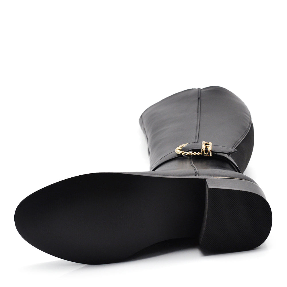 Stivali alti da donna con fibbia dorata eleganti al ginocchio  tacco basso gambale elasticizzato 2417-1