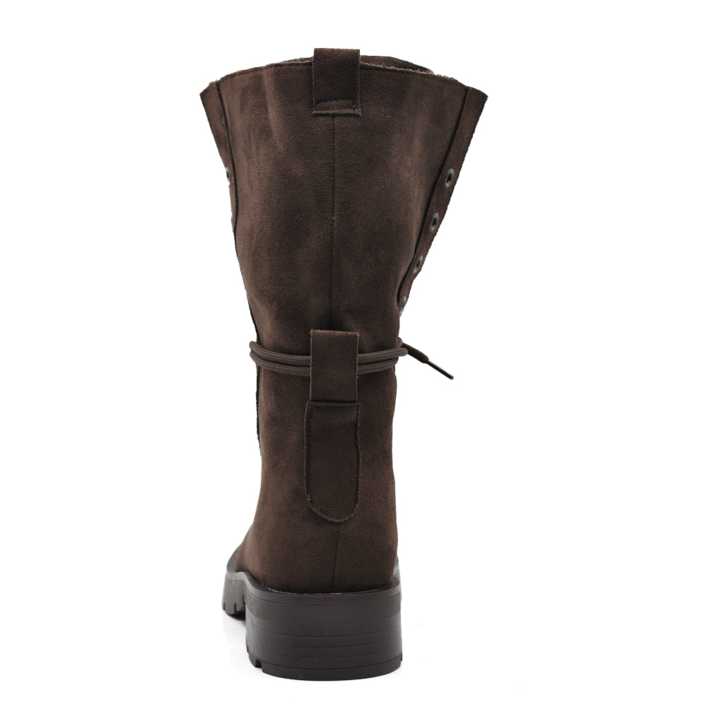 Stivali Donna Anfibi Alti Scamosciati con Lacci, Gambale Morbido e Ampio, Suola Chunky Carrarmato, Stivali Biker Casual 52280