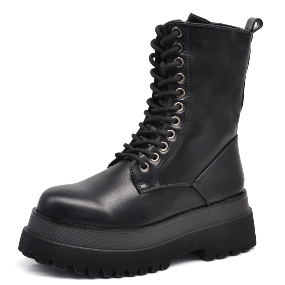 Stivali Stivaletti Platform Donna Anfibi combat boots lacci Platform YL273 nero