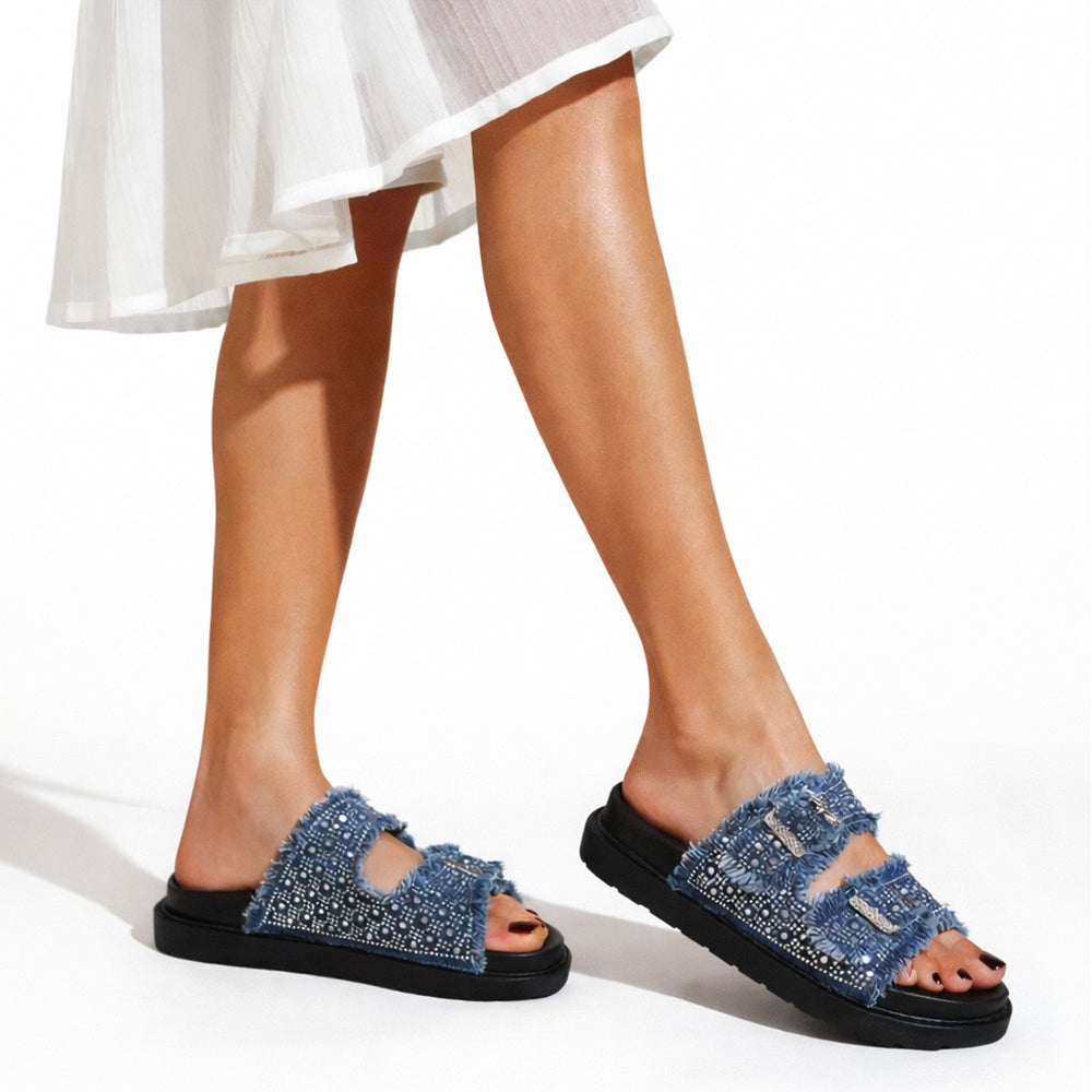 Sandali Donna Denim con Strass e Doppia Fibbia, Ciabatte Estive Casual con Plantare Ergonomico e Supporto Arco, Sandali Moda Comodi