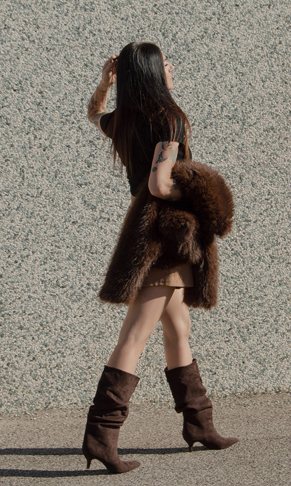 Stivali al polpaccio da donna scamosciato con tacco basso a spillo gattina KITTEN HEELS arricciato elegante e confortevole A206 marrone beige