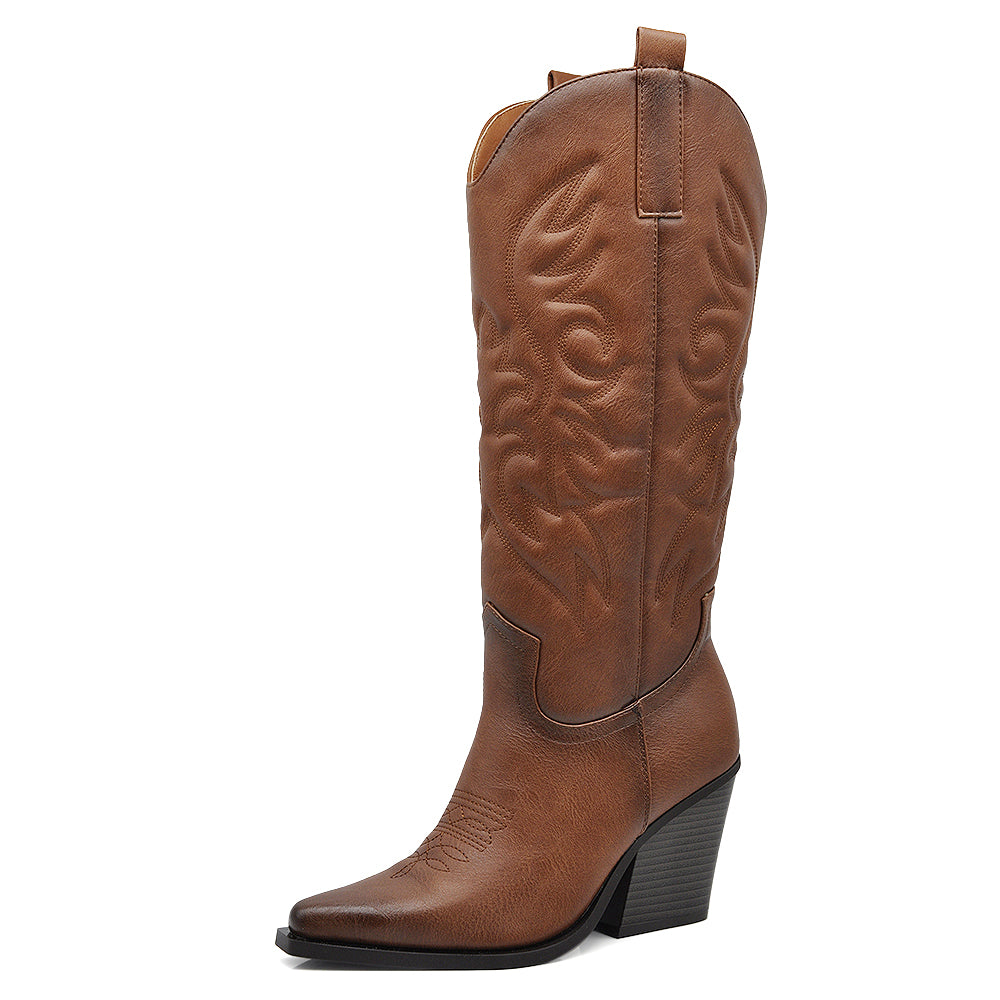 Stivali Texani Donna al Ginocchio con Tacco Largo – Stivali Western Eleganti