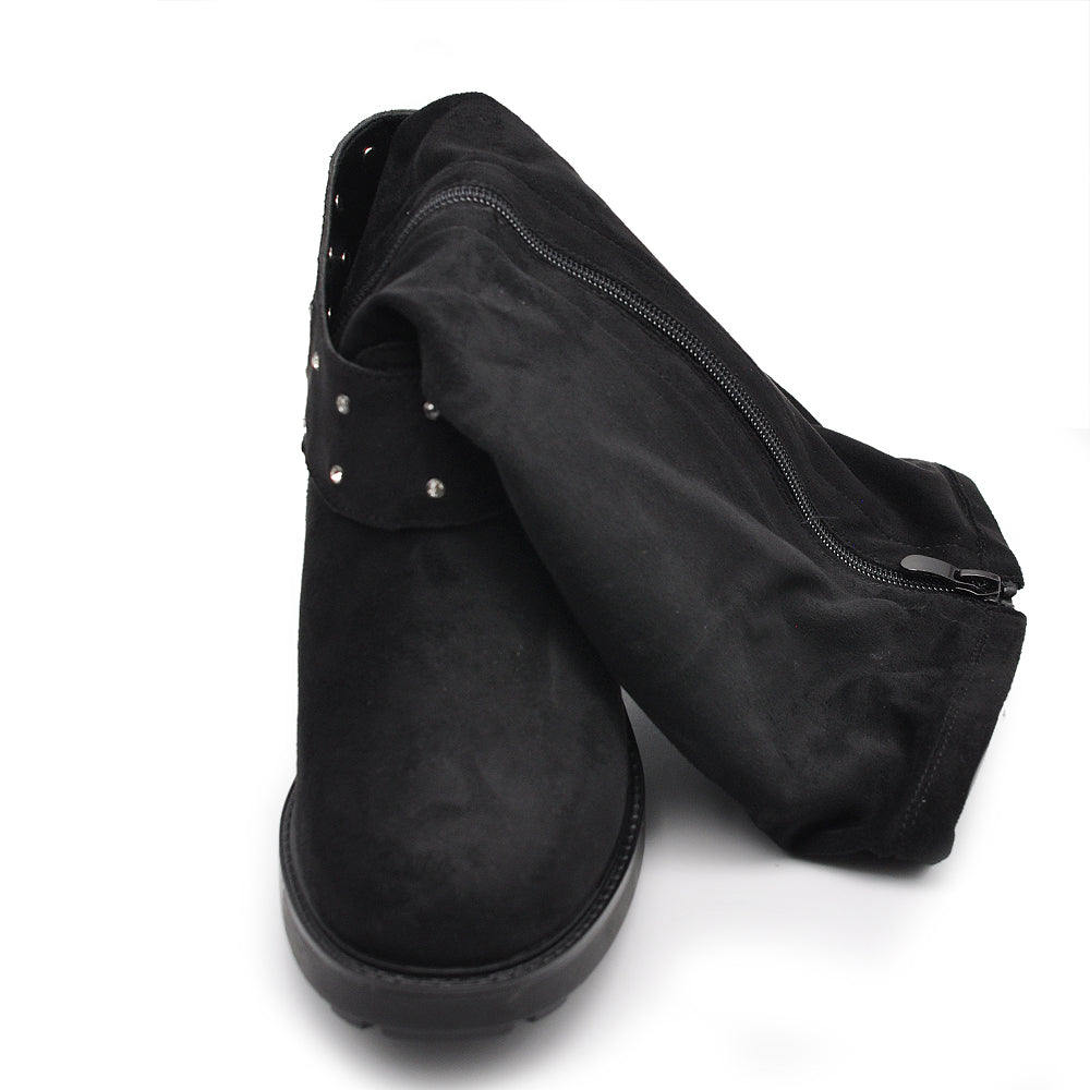 Stivali Biker Motociclista da Donna Al Polpaccio Con Cinghia Staccabile Fibbia Strass Camoscio Doppio Uso GR-6662 nero camel