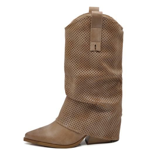 Stivaletti Arricciati Texani Donna con Decorazione Esterna Traforata e Tacco Medio – Stivali Western