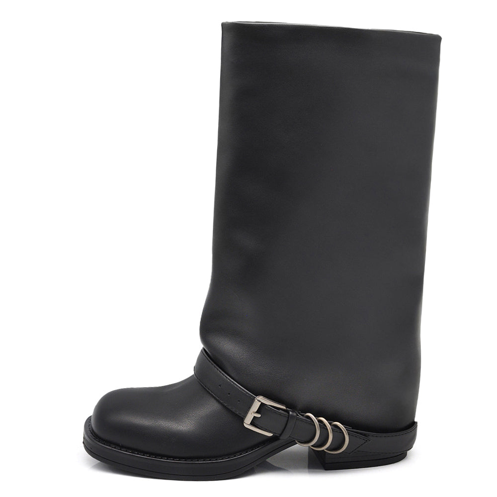 Stivali Da Donna Punta Quadrata Con Ghetta Risvolto cinturino decorativo MP2707-3 nero