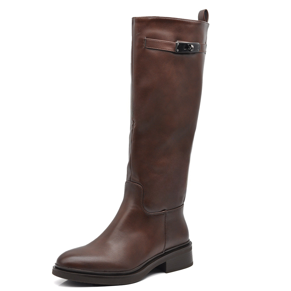 Stivali Alti da Donna Tipo Cavallerizza da Equitazione con Tacco Basso Decorati con Fibbia e Cinghia GA052 nero marrone