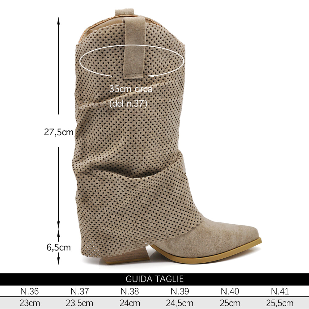 Stivaletti Texani Donna Arricciati con Effetto di Sovrapposizione, Decorazione Esterna Traforata, Frange e Tacco Medio