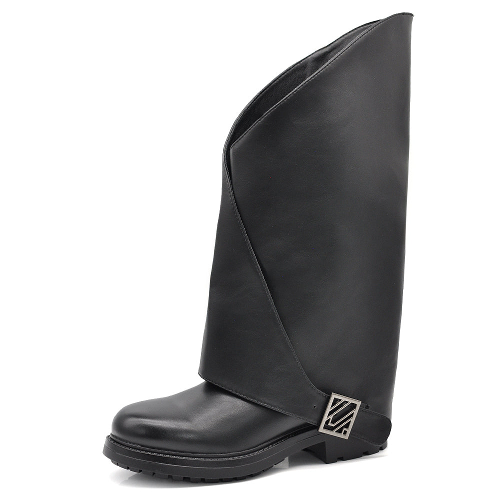 Stivali Biker da Donna Alti con Gambale Extra Largo con Fibbia Suola Carrarmato Antiscivolo Casual