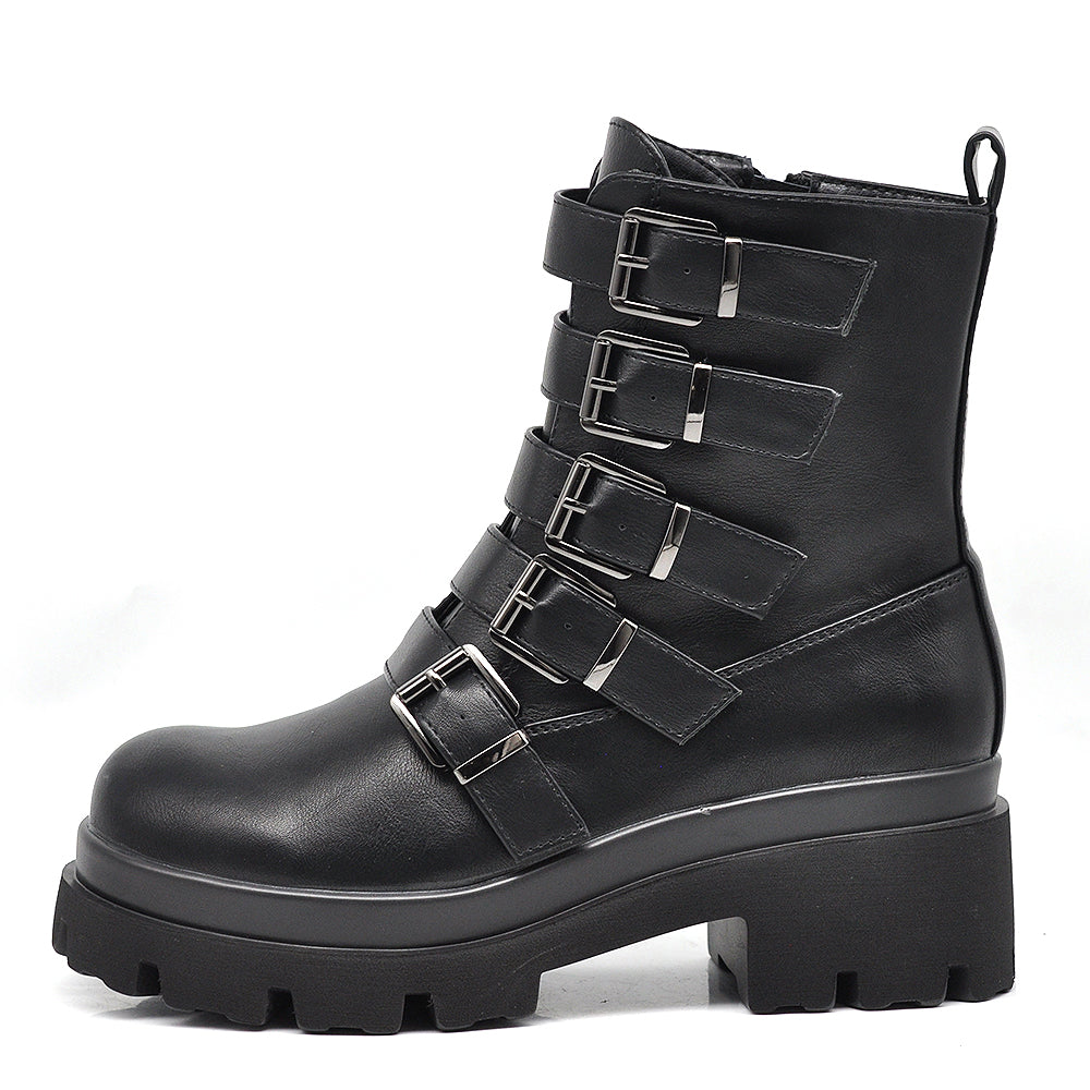 Stivali Stivaletti Platform Donna Anfibi combat boots multi fibbie Platform carrarmato  MP718 nero