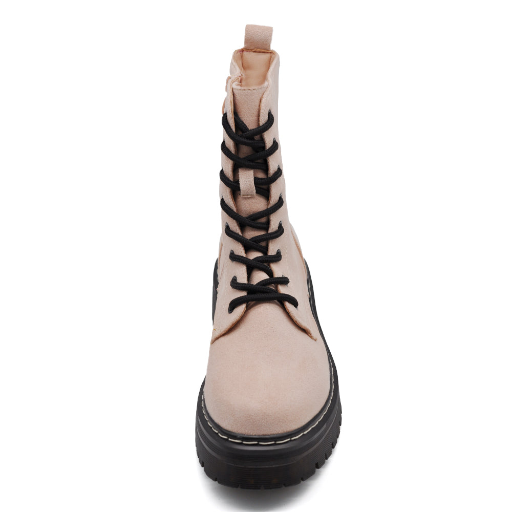 Stivali Anfibi Donna Stringati con Suola Carrarmato e Zip Laterale – Combat Boots Biker GR-6686 pink rosa nude