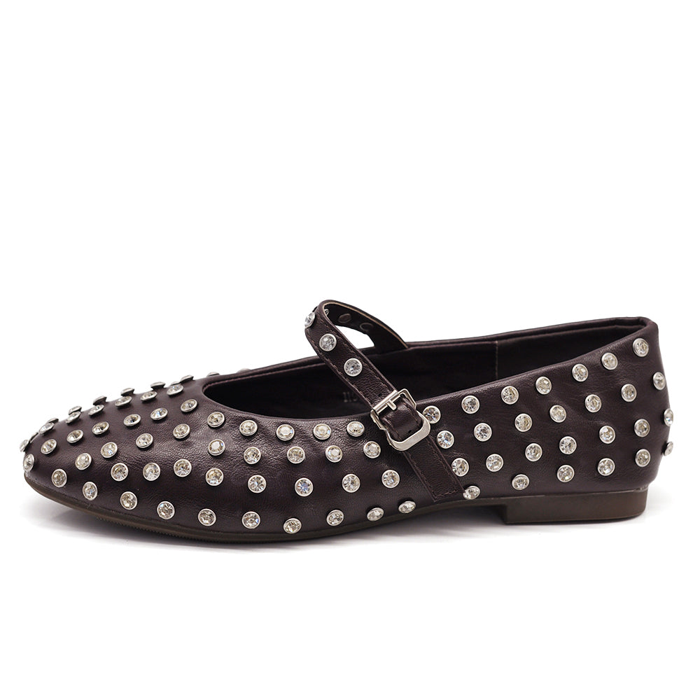 Mary Jane Ballerine con Cinturino Borchie e Strass Brillantini Punta Tonda in Pelle H90
