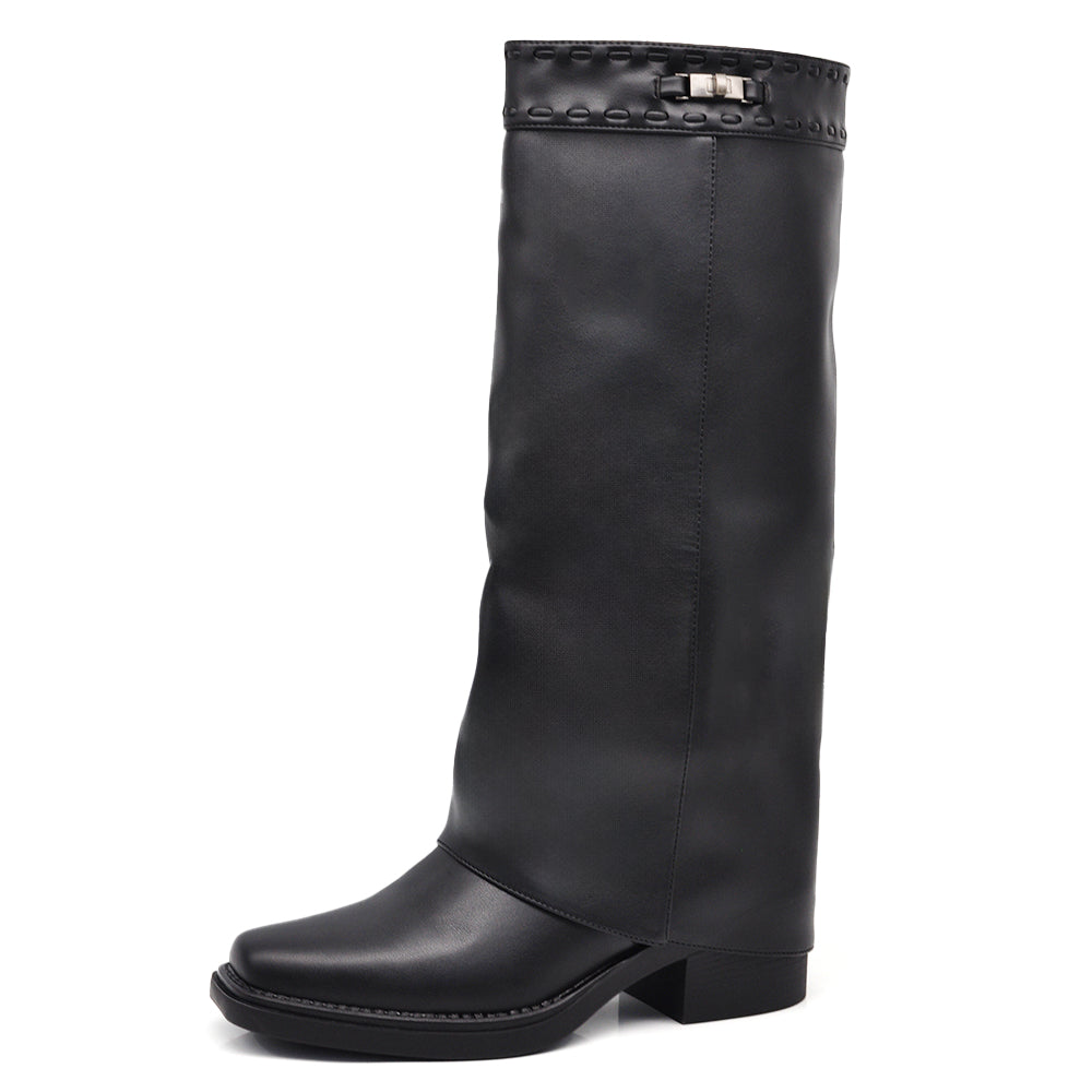 Stivali alti texani da donna con ghetta, punta quadrata e chiusura a girello decorativa sul gambale MP2741-3 nero