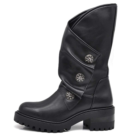 IF Fashion Scarpe da Donna Stivali Stivaletti Biker Fibbie Anfibi al Polpaccio con Fibbie Bottoni Medaglie Tacco 5,5cm 23927