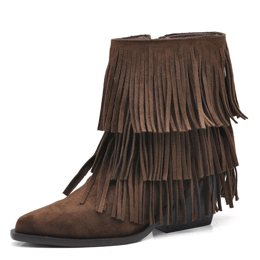 Stivaletti Donna con Frange Stile Western Texani – Tronchetti Casual con Tacco Medio,Camperos in Camoscio Sintetico  GA056