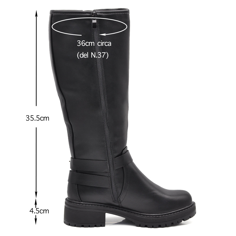 Scarpe Stivali da Donna Al Polpaccio Ginocchio Stile Biker Punk Rock Motociclista con Fibbia Multipla ML287