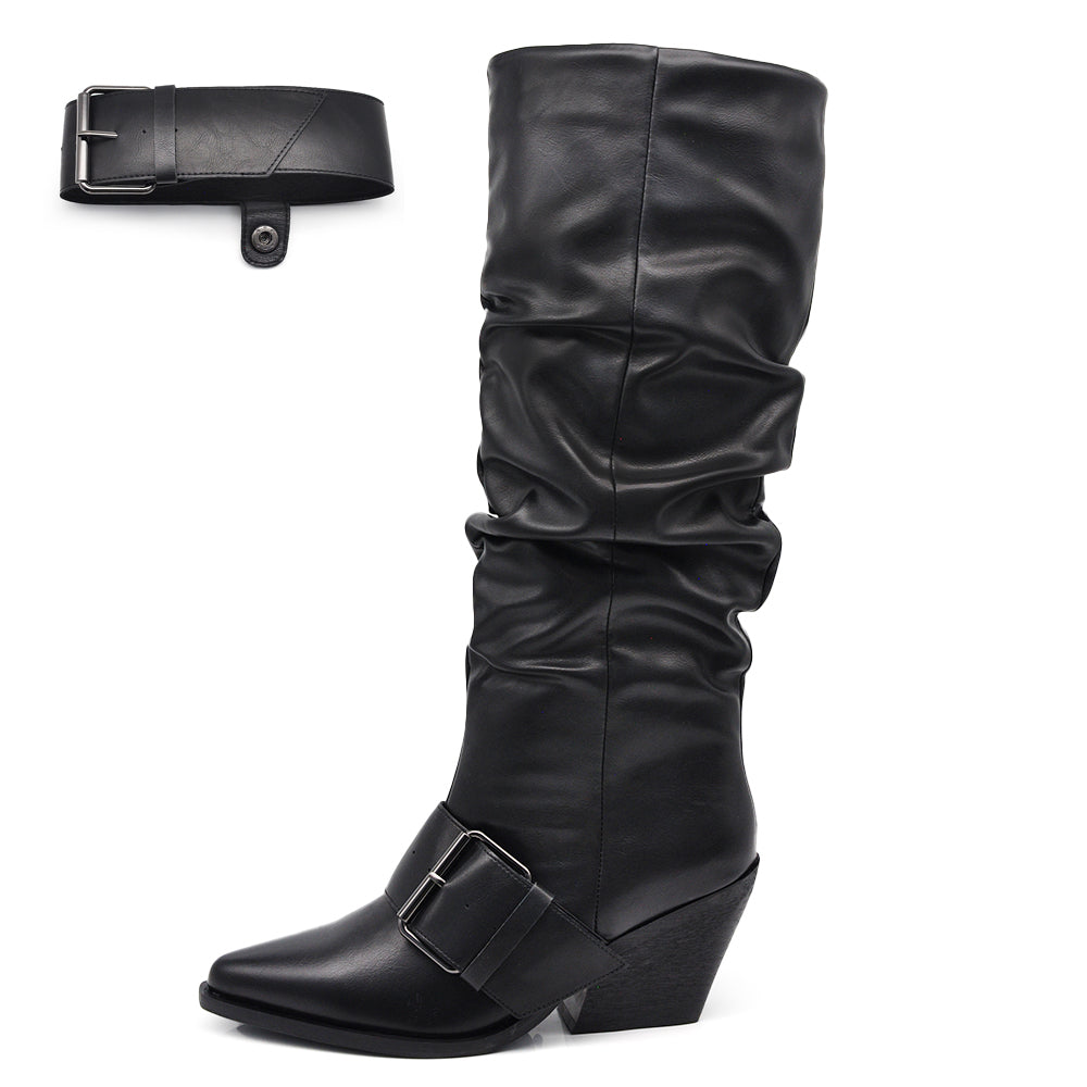 Stivali Texani Western alti donna con punta affusolata e gambale arricciato tacco a cono e cinturino largo rimovibile GA043 nero