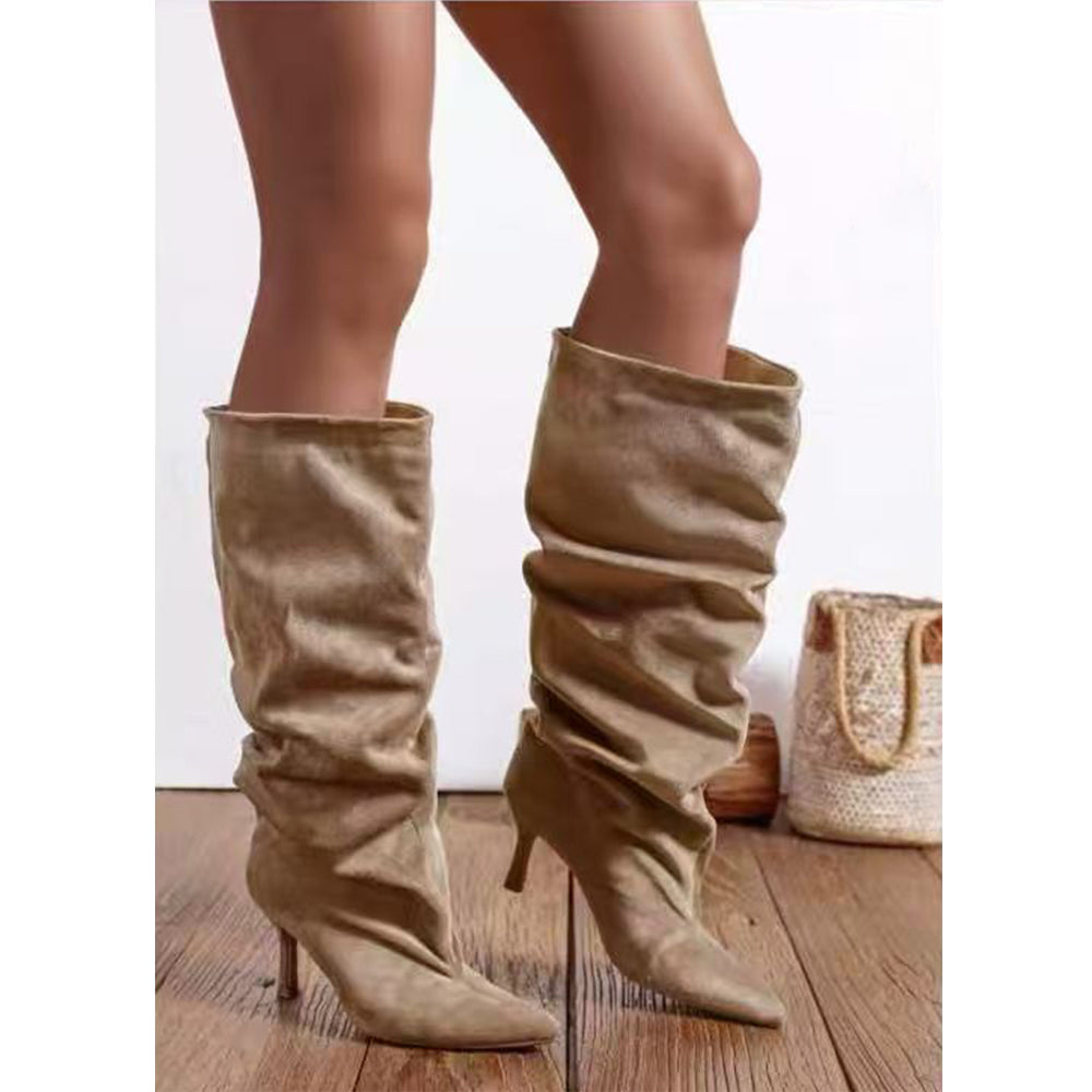 Stivali da Donna con Gambale Extra Largo Arricciato Slouchy a Punta con Tacco Medio