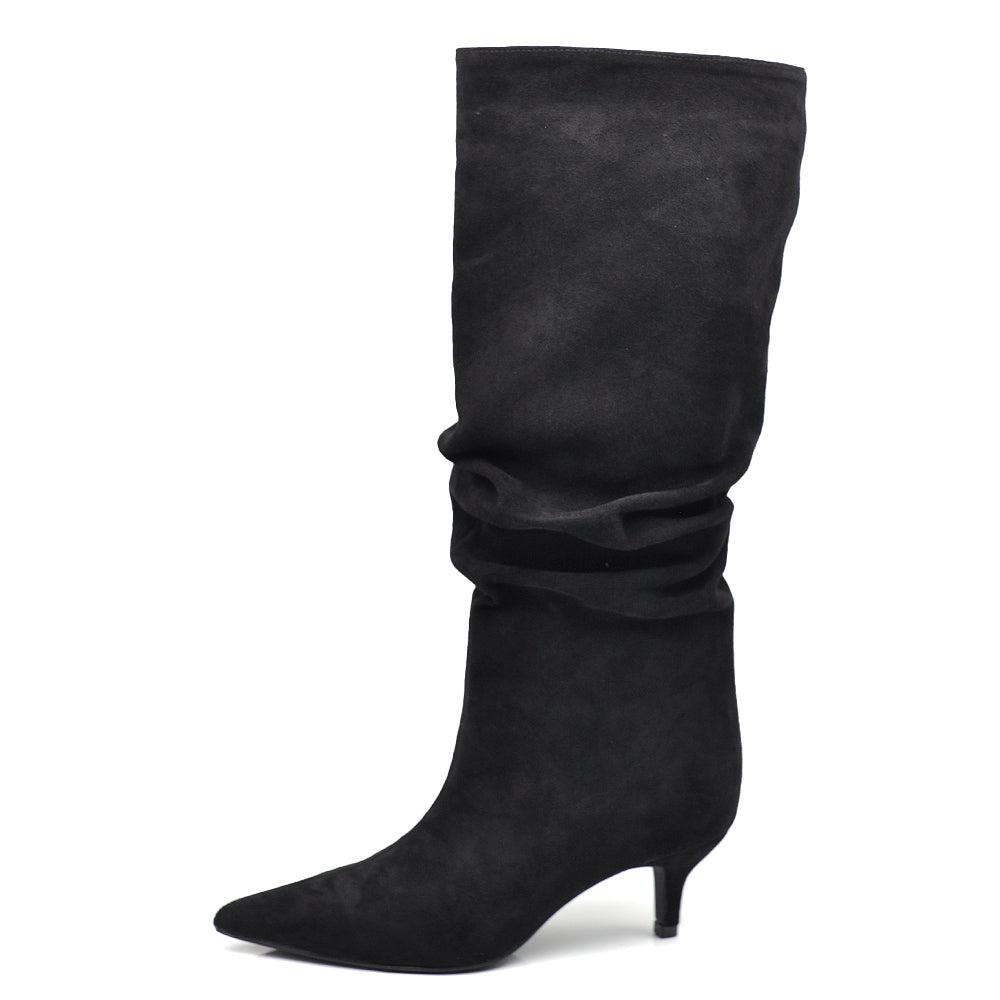 Stivali alti donna scamosciato con tacco basso a spillo gattina KITTEN HEELS arricciato elegante e confortevole A9811 beige marrone nero