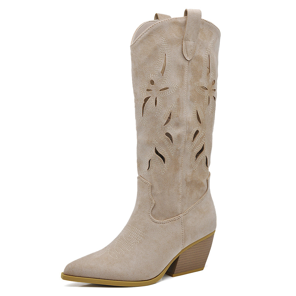 Stivali Alti Primaverili Texani Donna Traforati al Ginocchio – Stivaletti Western con Tacco Medio
