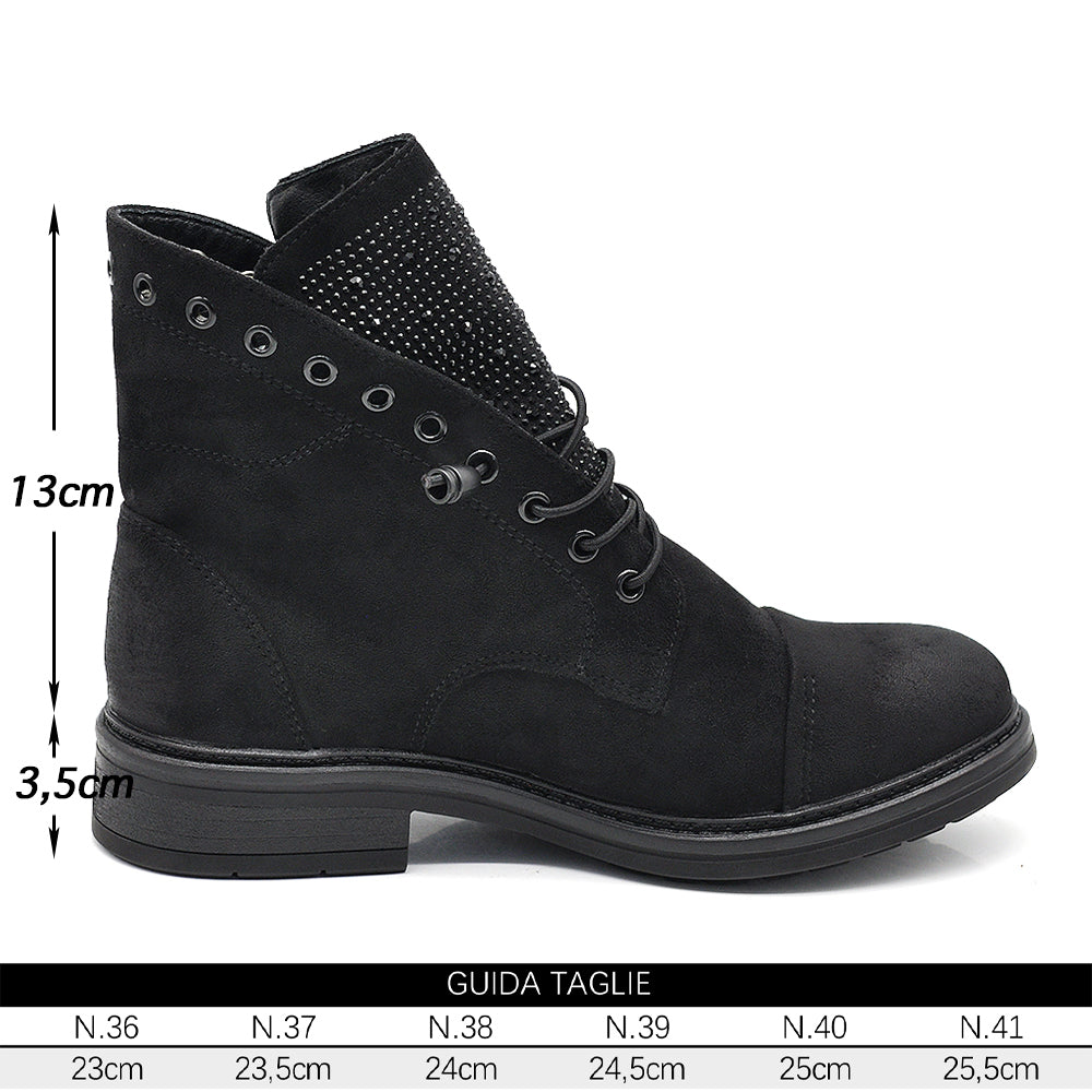 Anfibi Donna Biker Effetto Scamosciato con Strass, Tronchetti con Lacci Elastici, Punta Rinforzata