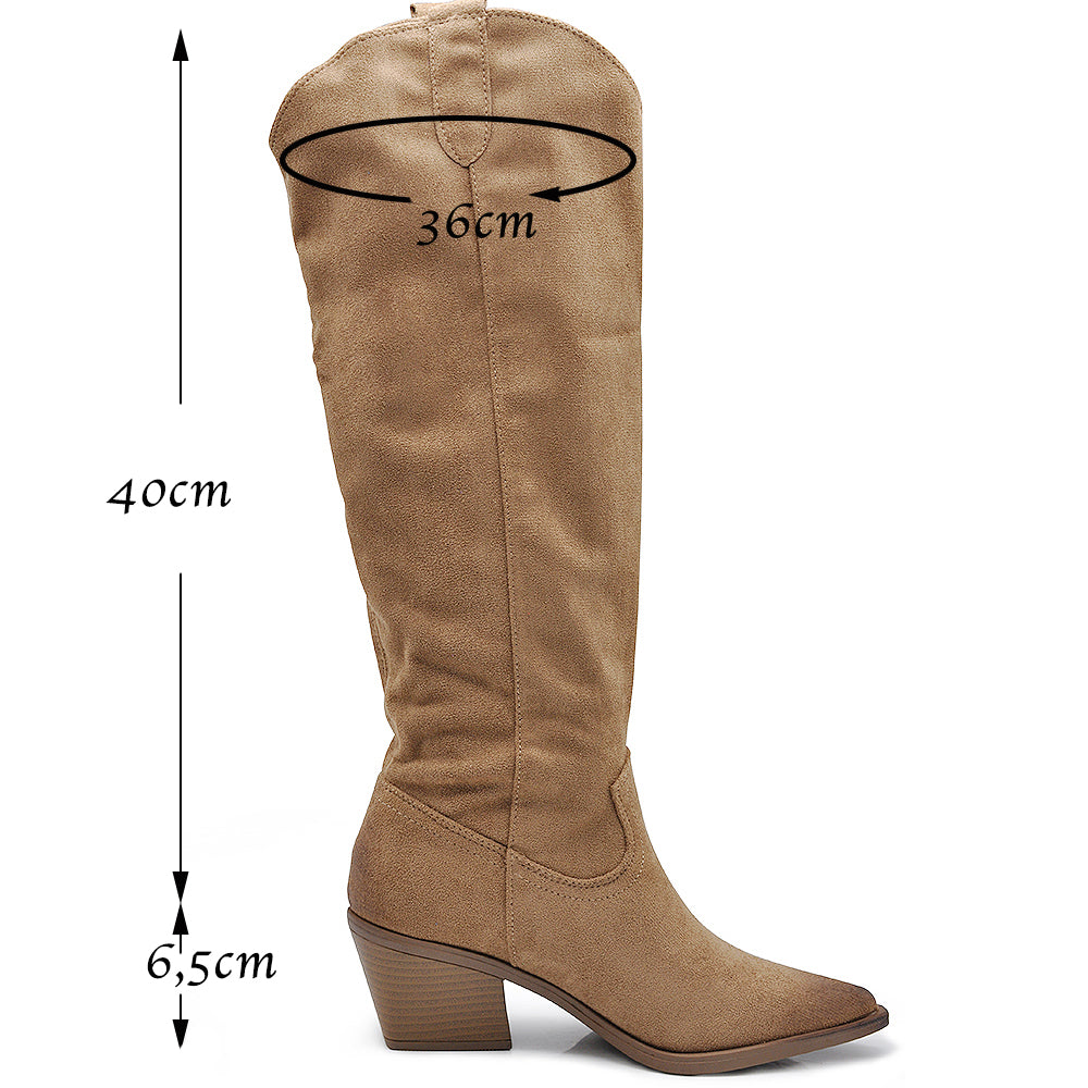 Stivali Alti Camperos Texani A Punta Ginocchio Western Camoscio Da Donna D7760