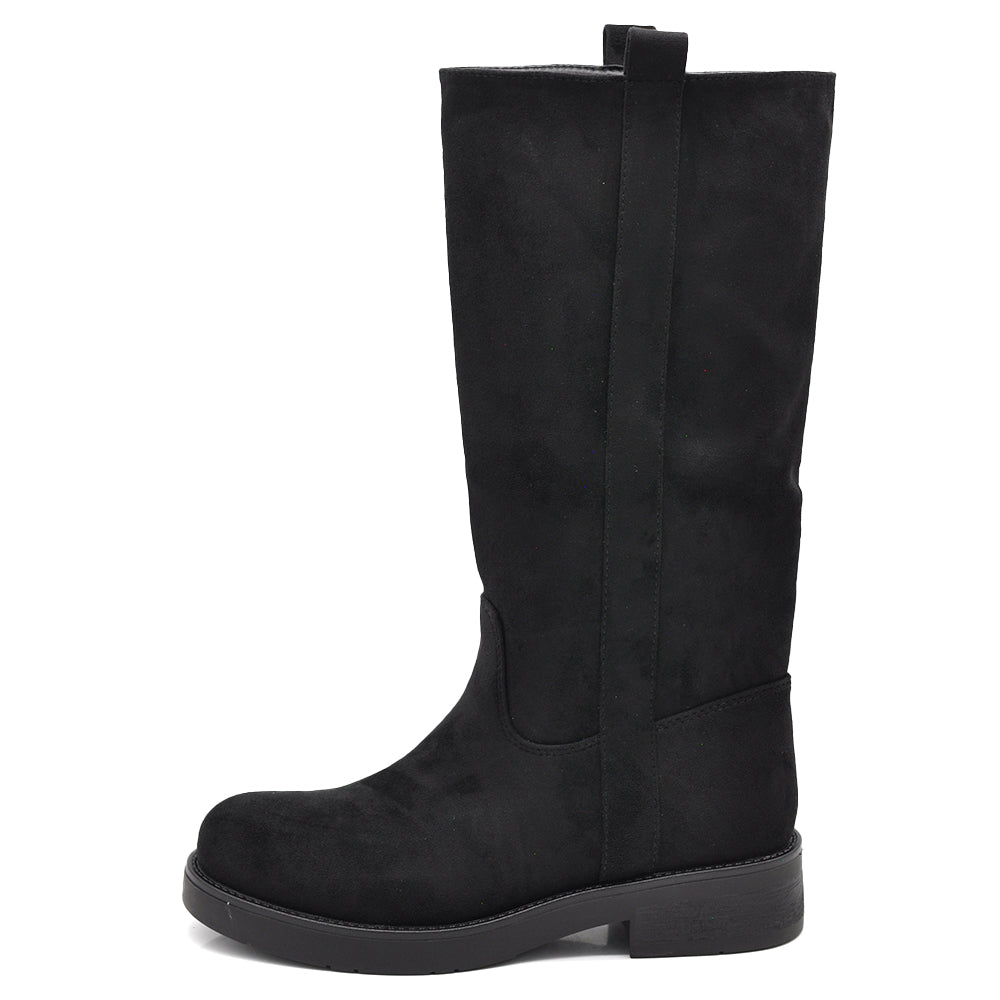 Stivali Biker Donna Alti con Gambale Dritto, Suola Chunky e Tacco Basso – Stivali Moto Casual