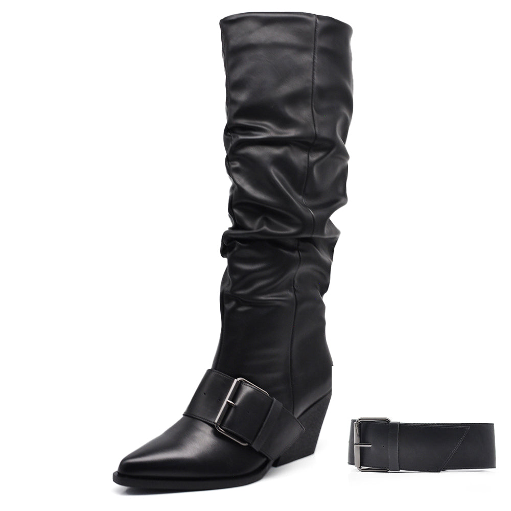 Stivali Texani Western alti donna con punta affusolata e gambale arricciato tacco a cono e cinturino largo rimovibile GA043 nero