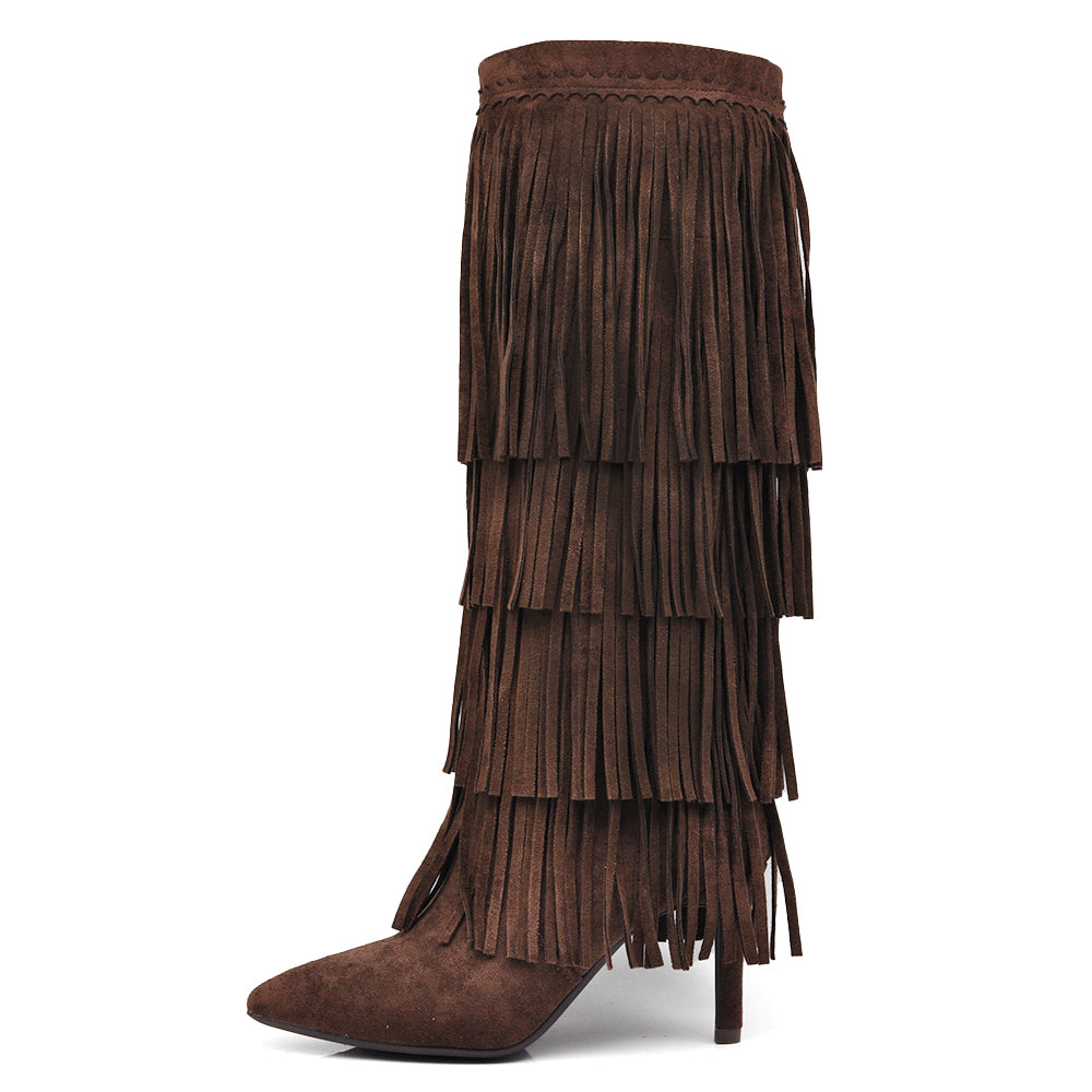 Stivali alti con 3 strati di frange in stile western a punta e tacco a spillo camoscio sintetico GA049