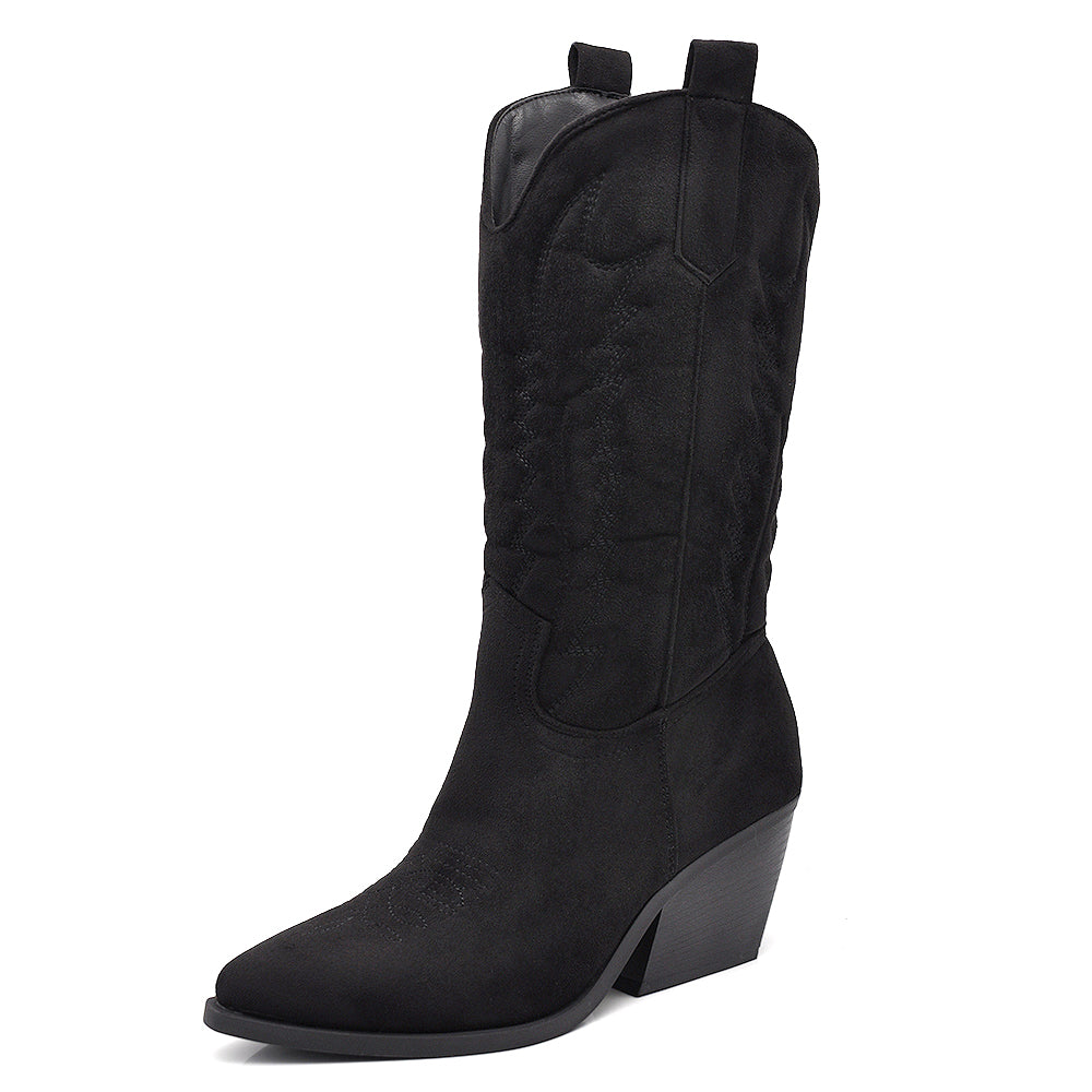 Stivali Texani Donna al Ginocchio con Tacco Largo – Stivali Western Eleganti in Camoscio Sintetico