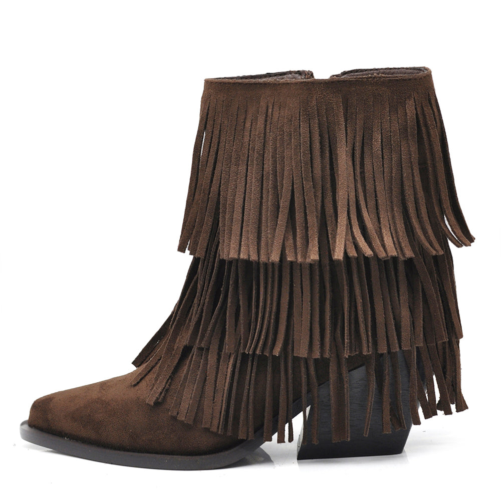 Stivaletti Donna con Frange Stile Western Texani – Tronchetti Casual con Tacco Medio,Camperos in Camoscio Sintetico  GA056