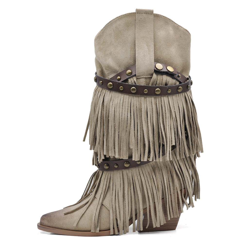 Stivali Texani Donna Western con Borchie e Frange Rimovibili a 3 Strati Tacco Medio nero marrone khaki