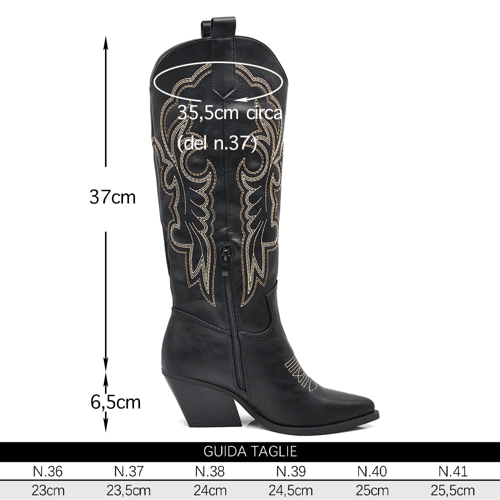 Stivali Texani Donna al Ginocchio Effetto Vintage – Stivali Western Ricamati con Tacco Largo