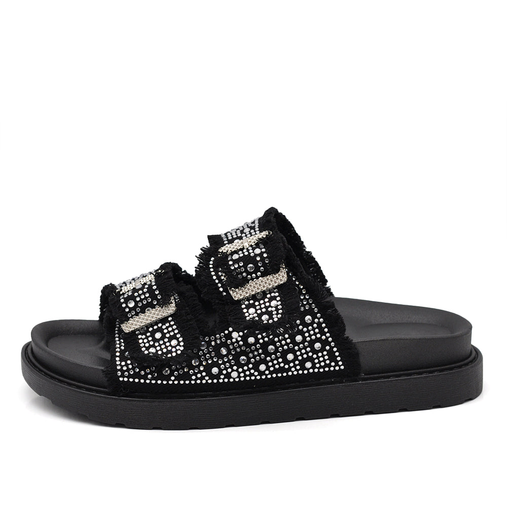 Sandali Donna Denim con Strass e Doppia Fibbia, Ciabatte Estive Casual con Plantare Ergonomico e Supporto Arco, Sandali Moda Comodi