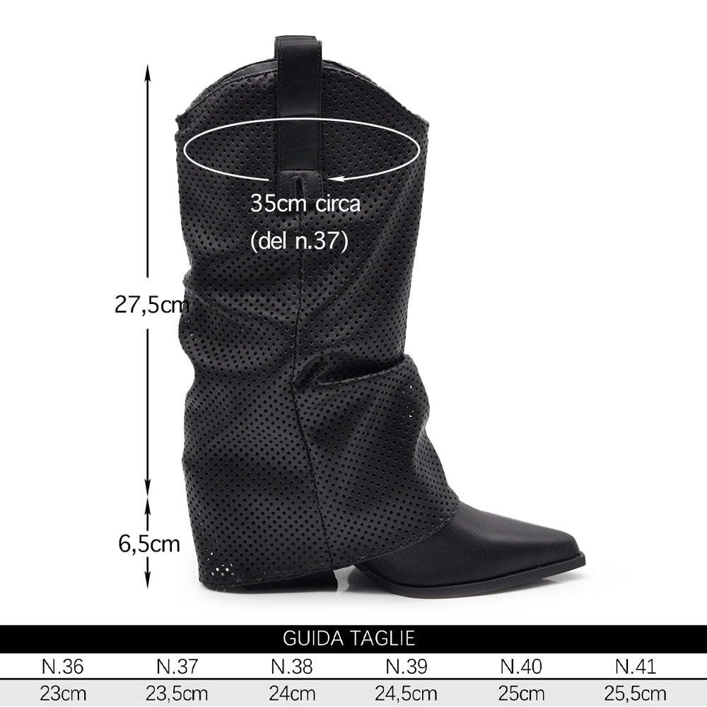 Stivaletti Arricciati Texani Donna con Decorazione Esterna Traforata e Tacco Medio – Stivali Western