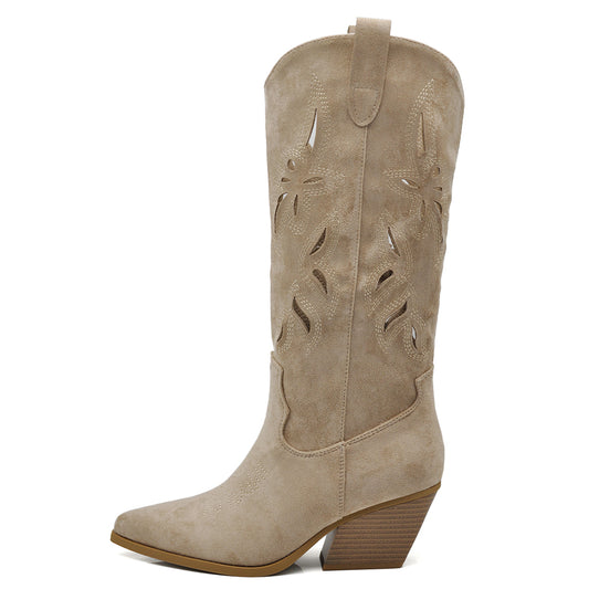 Stivali Alti Primaverili Texani Donna Traforati al Ginocchio – Stivaletti Western con Tacco Medio