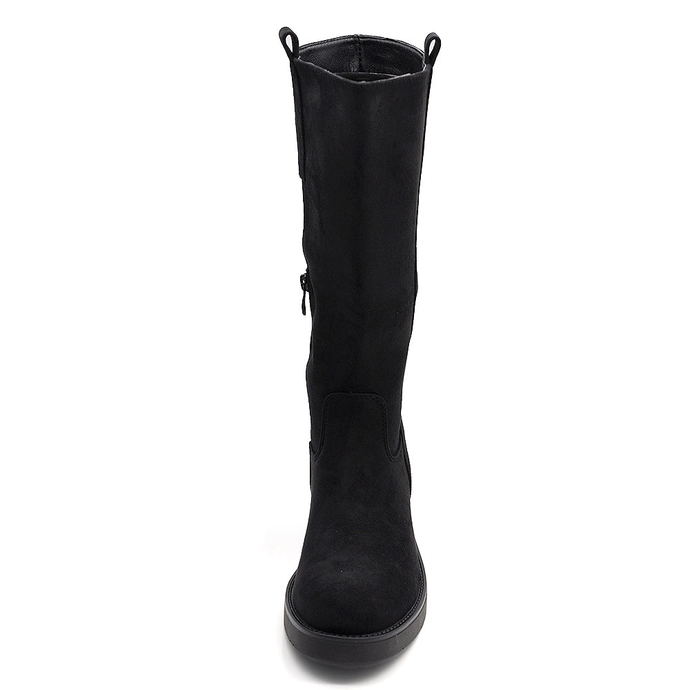 Stivali Biker Donna Alti con Gambale Dritto, Suola Chunky e Tacco Basso – Stivali Moto Casual