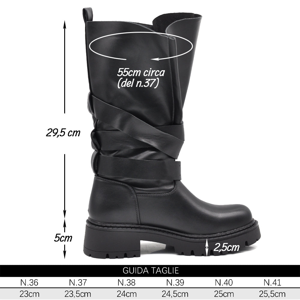 Stivali Biker Donna al Polpaccio con Maxi Linguetta Integrata, Fibbie e Cinturini, Gambale Largo, Suola Platform Carrarmato Stile Motociclista G737