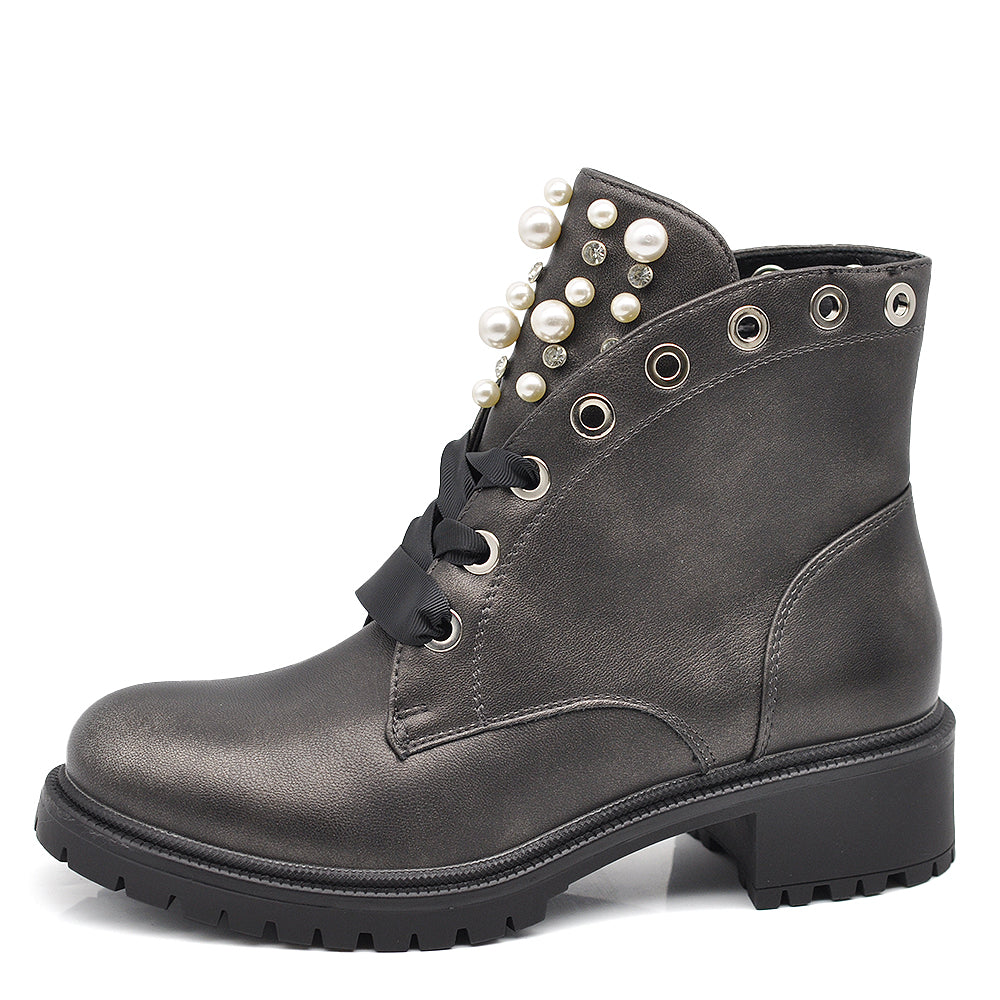 Anfibi Stivali Stivaletti con Strass e Perline MS1555 colore canna di fucile