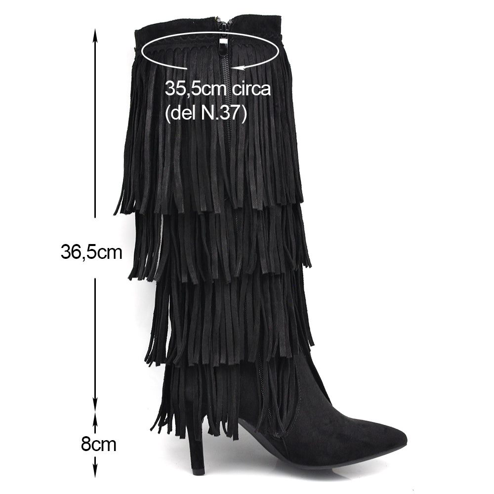 Stivali alti con 3 strati di frange in stile western a punta e tacco a spillo camoscio sintetico GA049