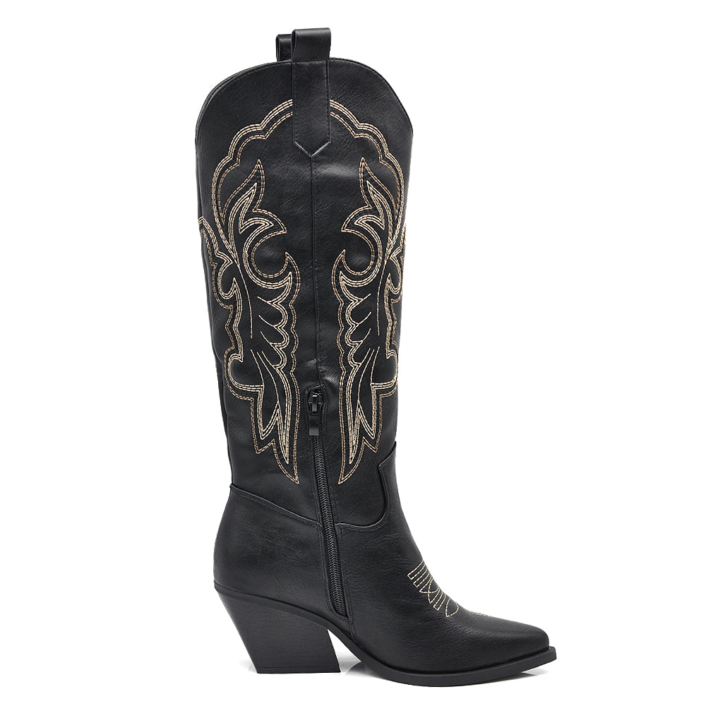 Stivali Texani Donna al Ginocchio Effetto Vintage – Stivali Western Ricamati con Tacco Largo