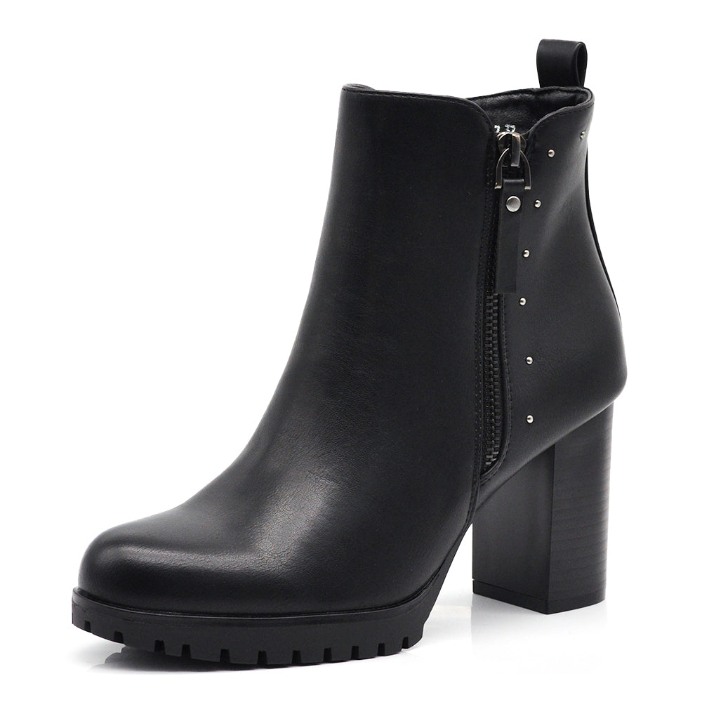 Stivaletti da donna con borchie decorativa tronchetti tacco alto largo platform carrarmato 9115-7 nero