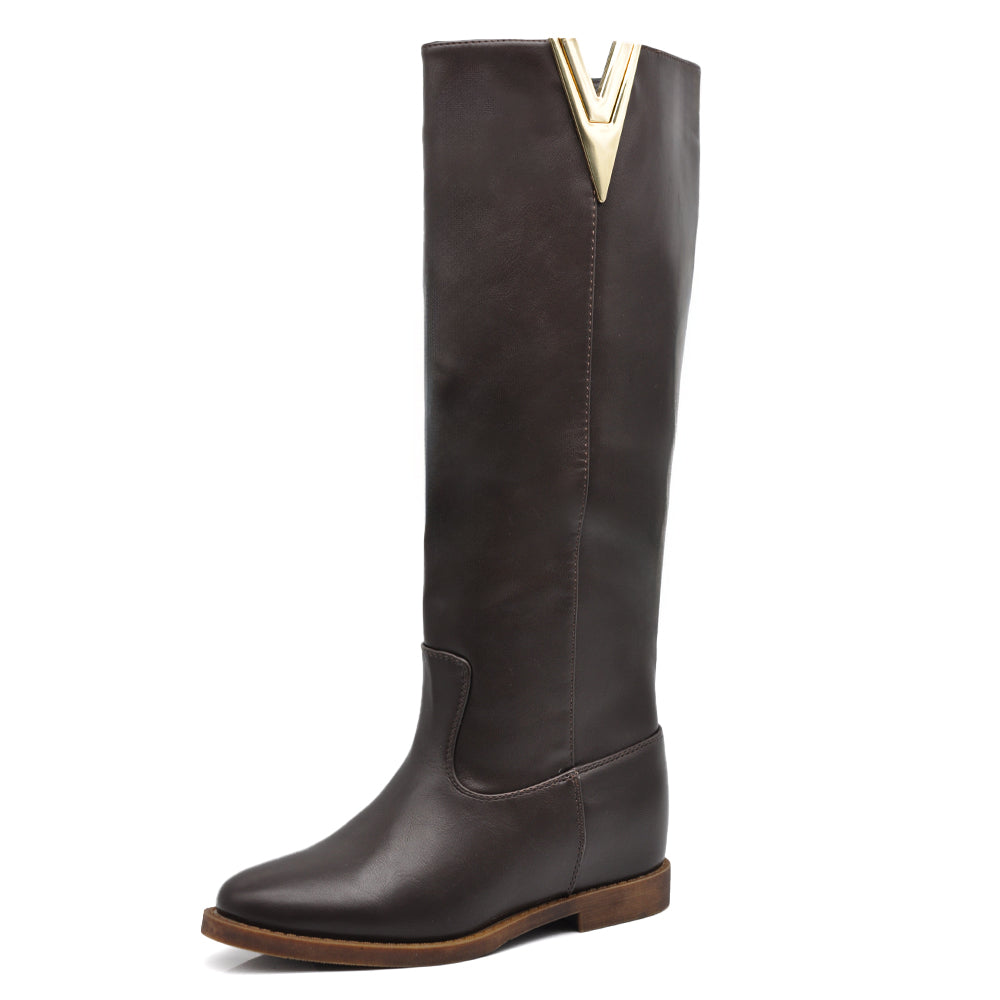 Stivali Alti Da Donna Con decorazione metallica a forma di V Zeppa Interna Rialzo LY81-7 LY81-7A