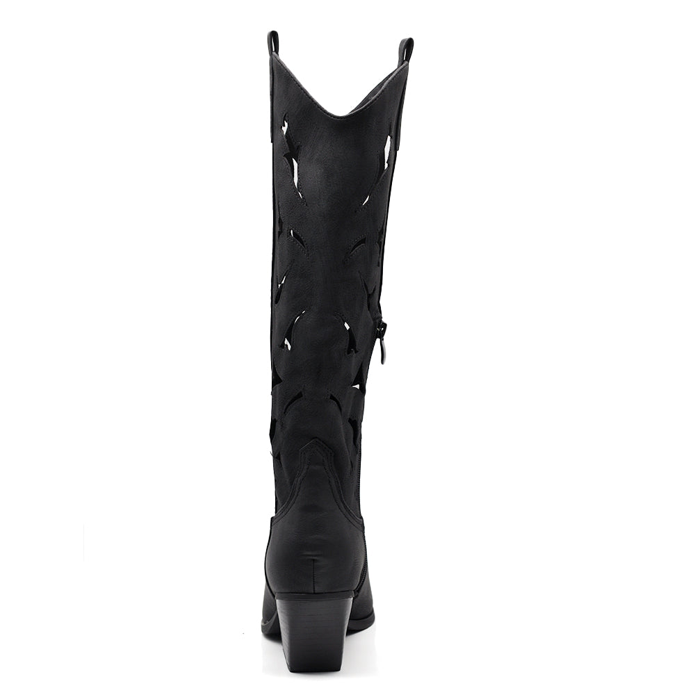 Stivali Alti Primaverili Texani Donna Traforati al Ginocchio – Stivaletti Western con Tacco Medio