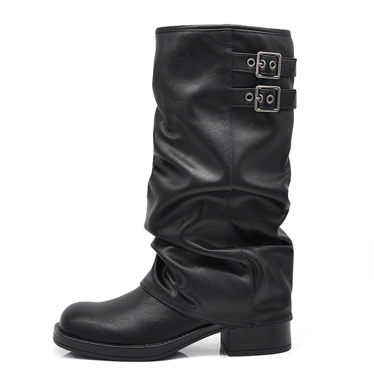 Stivali al Ginocchio Donna in Ecopelle Nera con Fibbia Laterale Stile Retro Robin Design Arricciato Tacco Basso Comodo  MP730-1